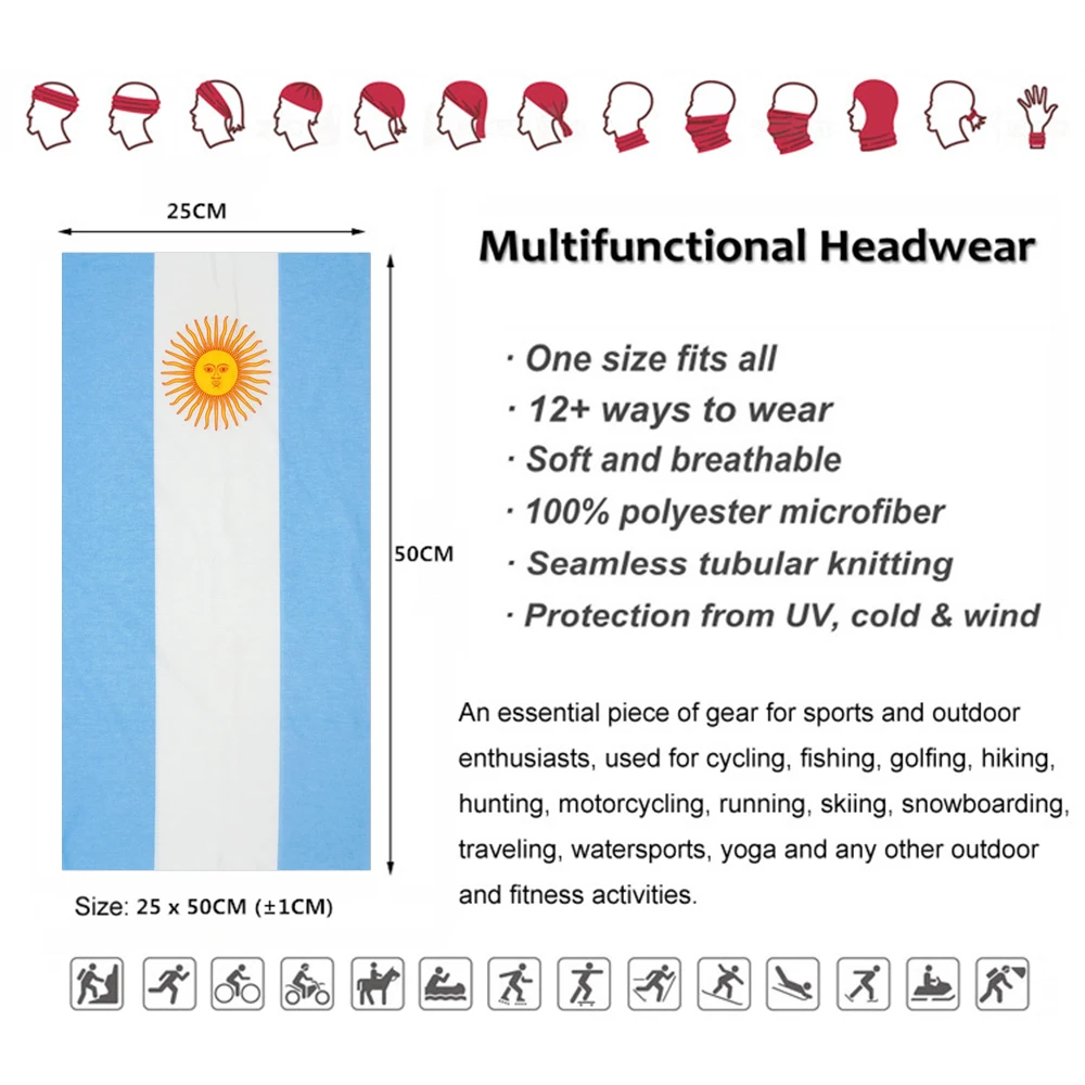 Summer Breathable Argentina Flag Bandana Seamless Face Shield for Worldwide Football Fans Outdoor Sports Headband Neck Gaiter