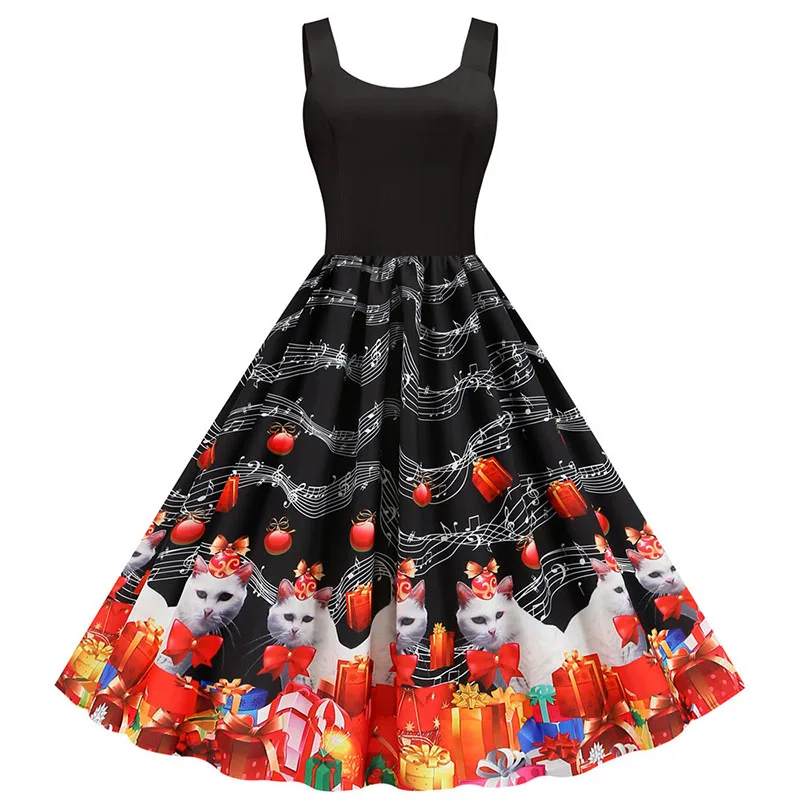 Summer Music Note Floral Print Women Sexy New Year Party Dress Spaghetti Strap Vintage Swing Robe Valentine's Vestidos