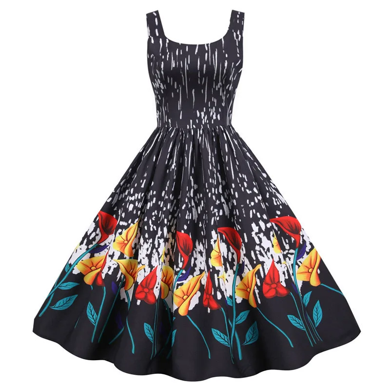 Summer Music Note Floral Print Women Sexy New Year Party Dress Spaghetti Strap Vintage Swing Robe Valentine's Vestidos