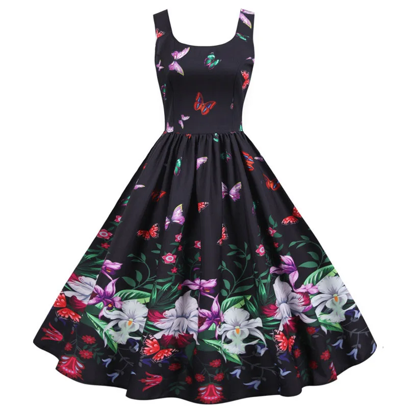 Summer Music Note Floral Print Women Sexy New Year Party Dress Spaghetti Strap Vintage Swing Robe Valentine's Vestidos