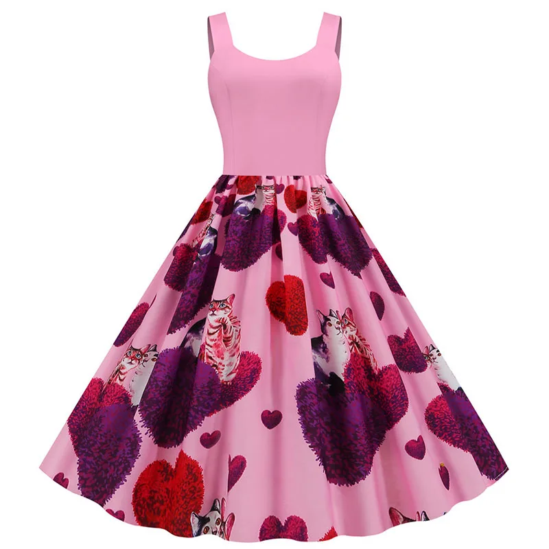 Summer Music Note Floral Print Women Sexy New Year Party Dress Spaghetti Strap Vintage Swing Robe Valentine's Vestidos