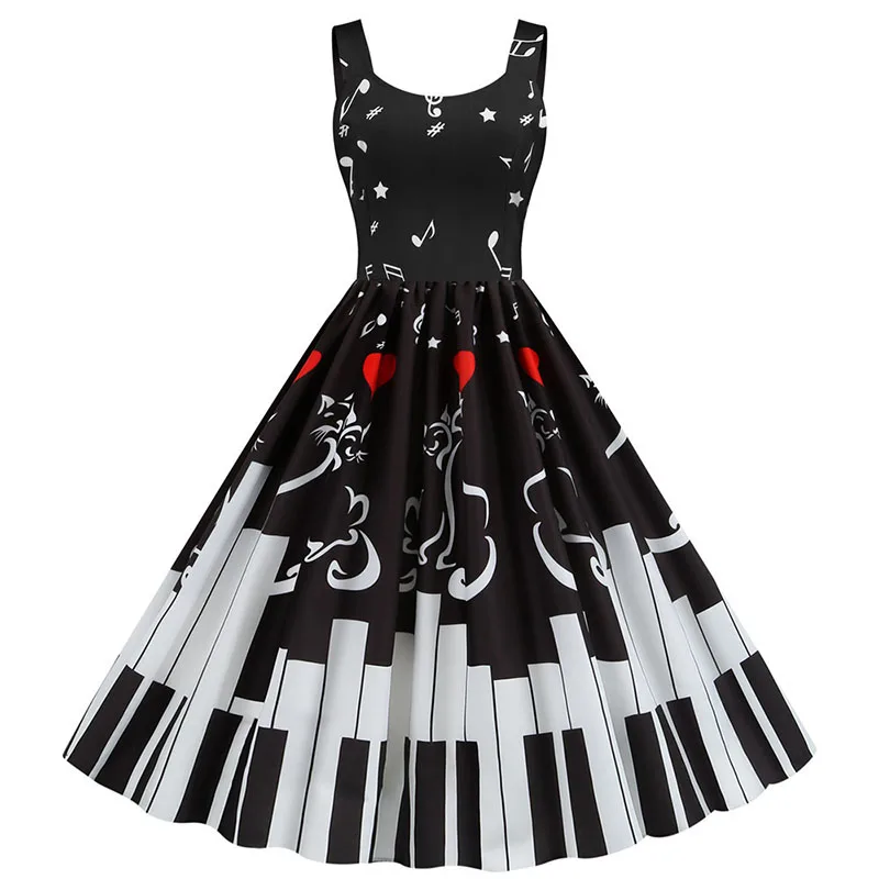 Summer Music Note Floral Print Women Sexy New Year Party Dress Spaghetti Strap Vintage Swing Robe Valentine's Vestidos