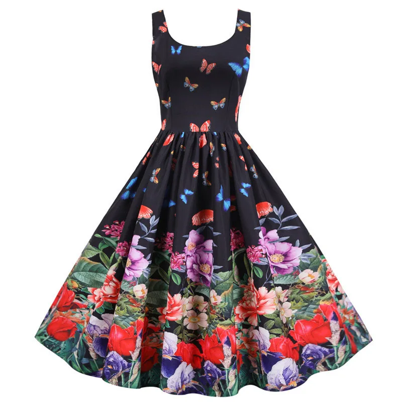 Summer Music Note Floral Print Women Sexy New Year Party Dress Spaghetti Strap Vintage Swing Robe Valentine's Vestidos