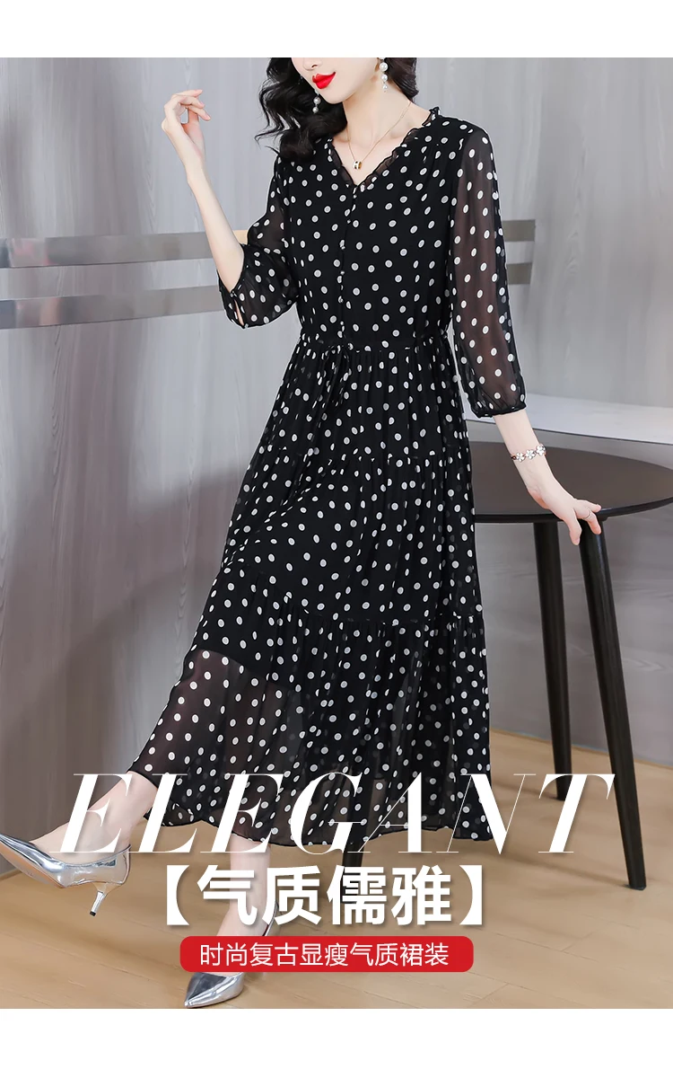 Summer Black Print Polka Dot Silk Midi Dress Women Elegant Bodycon Ruffled V-Neck Dress 2024 Vintage Hepburn Party Evening Dress