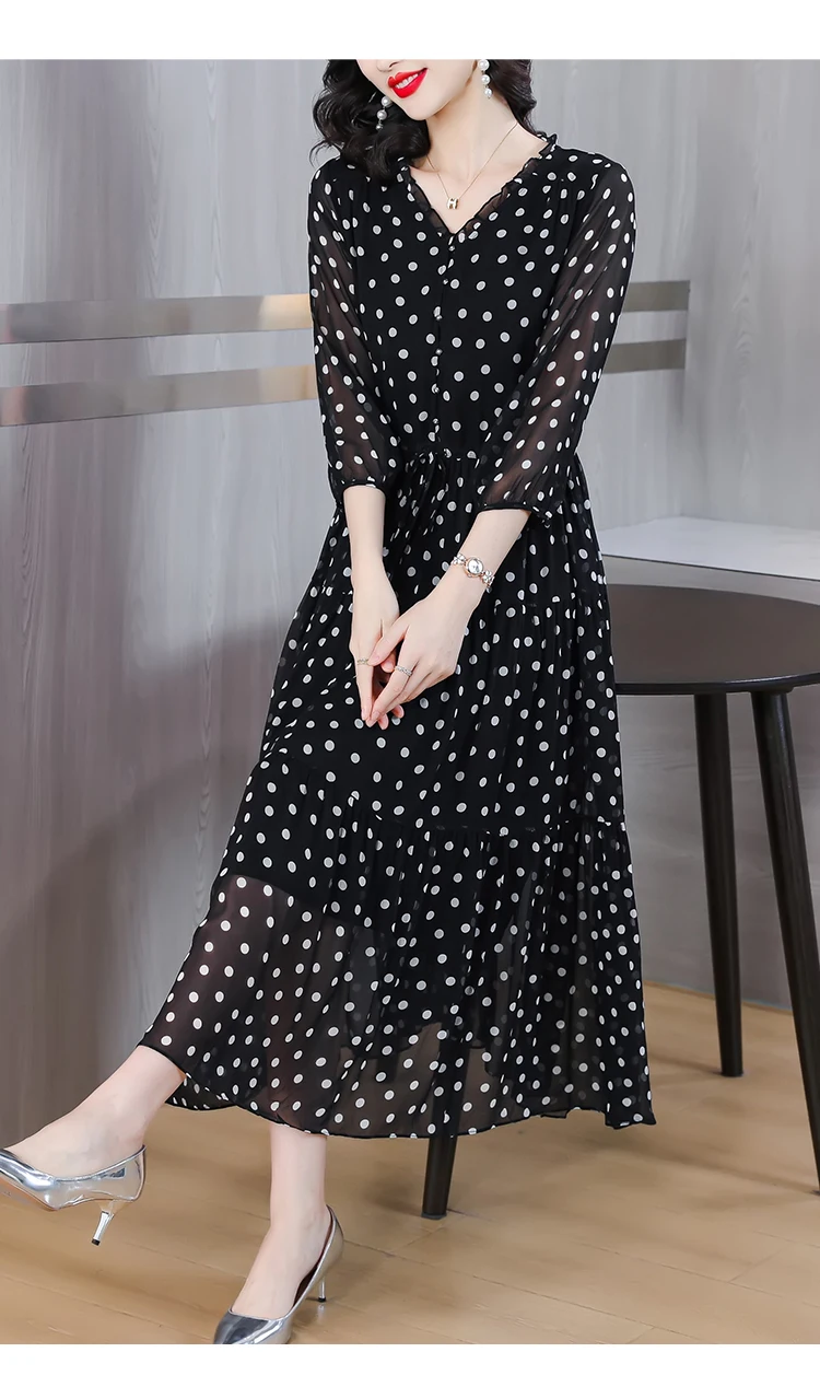 Summer Black Print Polka Dot Silk Midi Dress Women Elegant Bodycon Ruffled V-Neck Dress 2024 Vintage Hepburn Party Evening Dress