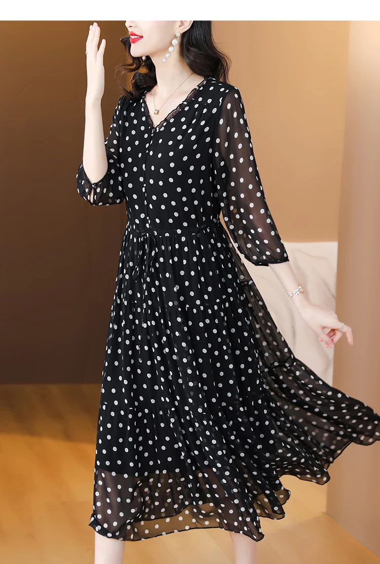 Summer Black Print Polka Dot Silk Midi Dress Women Elegant Bodycon Ruffled V-Neck Dress 2024 Vintage Hepburn Party Evening Dress
