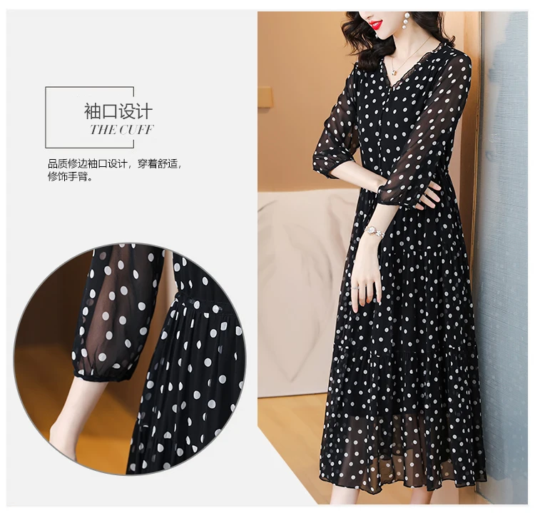 Summer Black Print Polka Dot Silk Midi Dress Women Elegant Bodycon Ruffled V-Neck Dress 2024 Vintage Hepburn Party Evening Dress