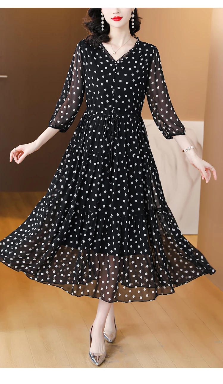 Summer Black Print Polka Dot Silk Midi Dress Women Elegant Bodycon Ruffled V-Neck Dress 2024 Vintage Hepburn Party Evening Dress