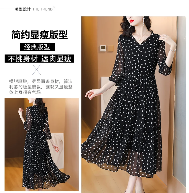 Summer Black Print Polka Dot Silk Midi Dress Women Elegant Bodycon Ruffled V-Neck Dress 2024 Vintage Hepburn Party Evening Dress