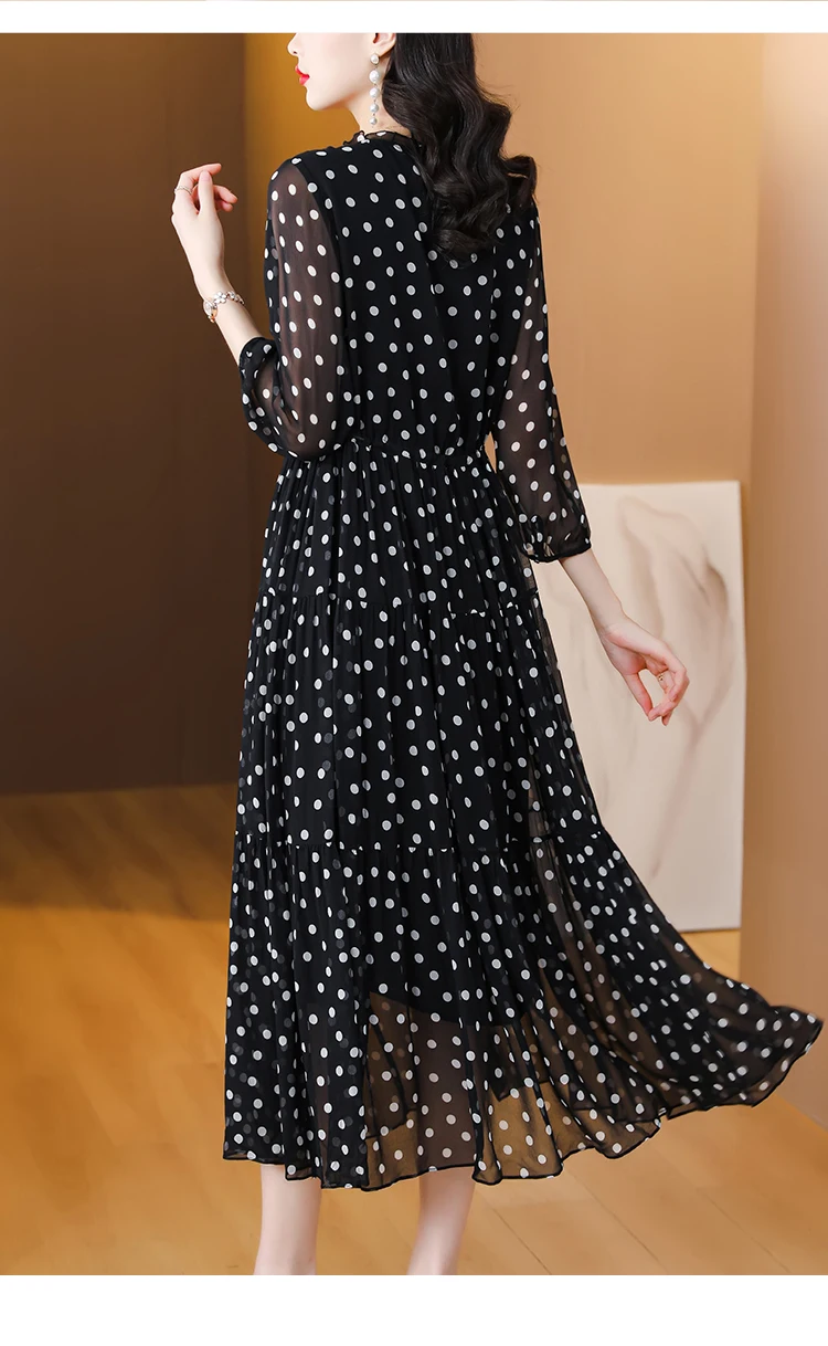 Summer Black Print Polka Dot Silk Midi Dress Women Elegant Bodycon Ruffled V-Neck Dress 2024 Vintage Hepburn Party Evening Dress