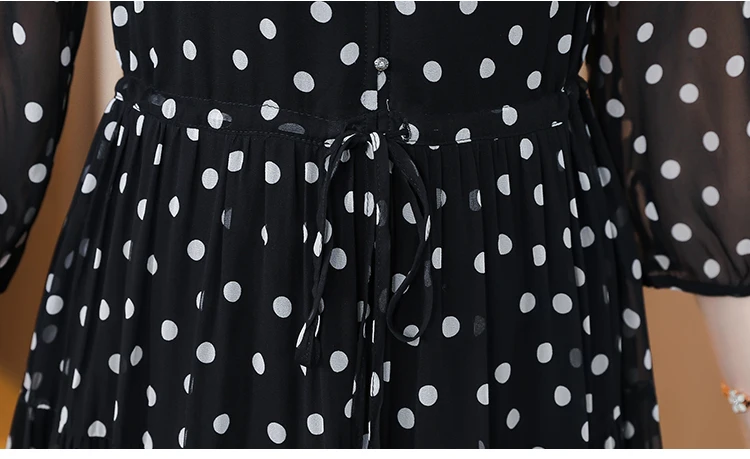Summer Black Print Polka Dot Silk Midi Dress Women Elegant Bodycon Ruffled V-Neck Dress 2024 Vintage Hepburn Party Evening Dress