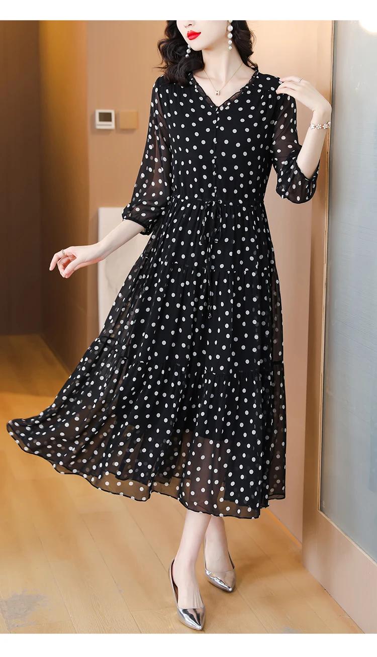Summer Black Print Polka Dot Silk Midi Dress Women Elegant Bodycon Ruffled V-Neck Dress 2024 Vintage Hepburn Party Evening Dress