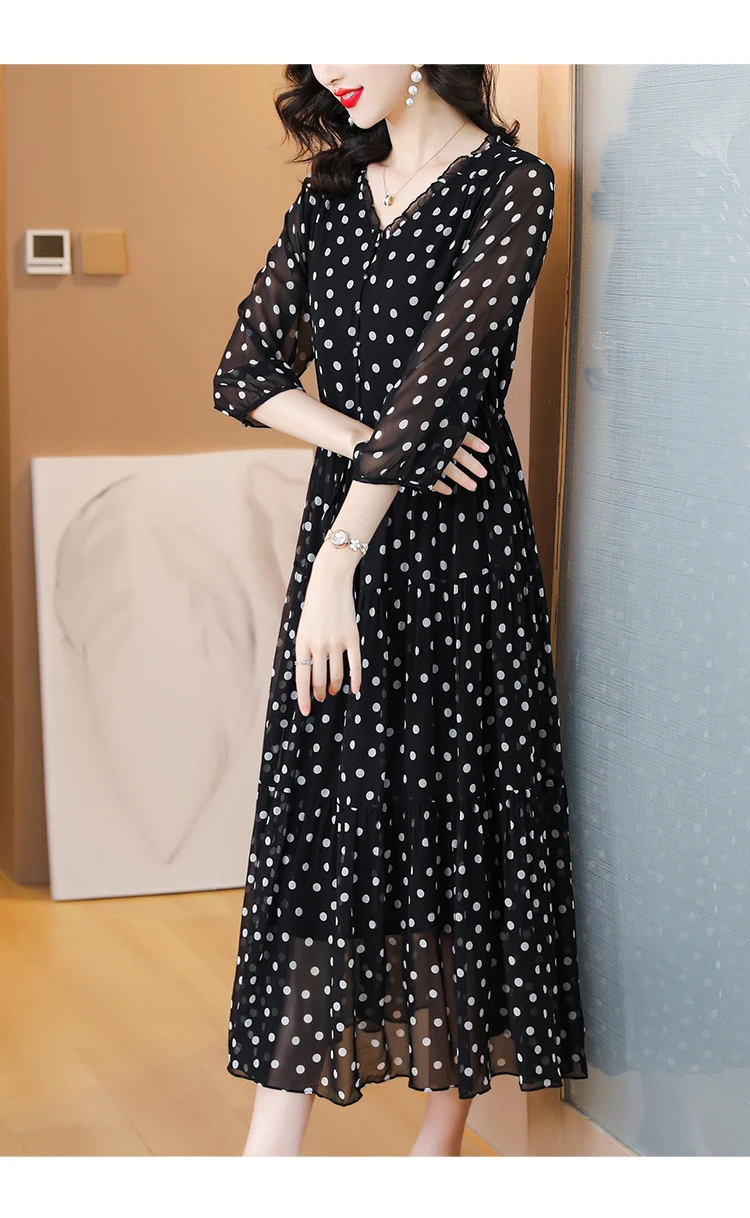 Summer Black Print Polka Dot Silk Midi Dress Women Elegant Bodycon Ruffled V-Neck Dress 2024 Vintage Hepburn Party Evening Dress