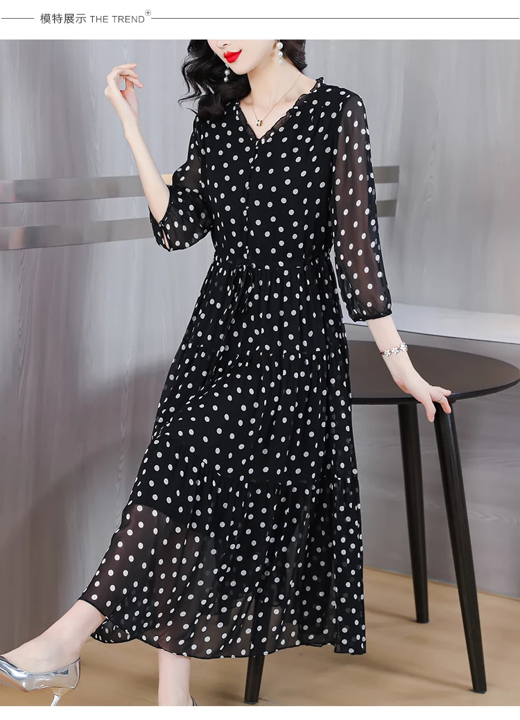 Summer Black Print Polka Dot Silk Midi Dress Women Elegant Bodycon Ruffled V-Neck Dress 2024 Vintage Hepburn Party Evening Dress