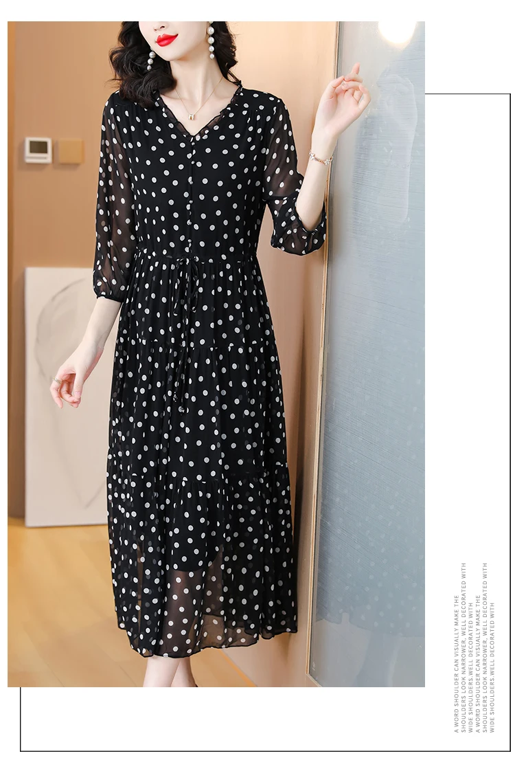 Summer Black Print Polka Dot Silk Midi Dress Women Elegant Bodycon Ruffled V-Neck Dress 2024 Vintage Hepburn Party Evening Dress
