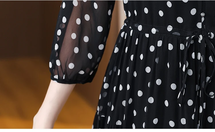 Summer Black Print Polka Dot Silk Midi Dress Women Elegant Bodycon Ruffled V-Neck Dress 2024 Vintage Hepburn Party Evening Dress