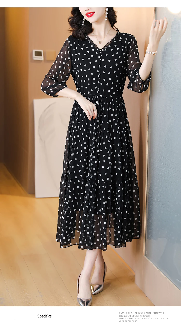 Summer Black Print Polka Dot Silk Midi Dress Women Elegant Bodycon Ruffled V-Neck Dress 2024 Vintage Hepburn Party Evening Dress