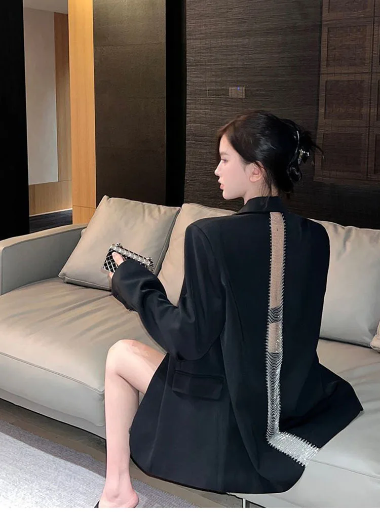 Autumn 2023 Fashion Women's Blazer New Back Hollow out Chain One Button Black Long Sleeve Suit Jackets Female Casual Blazers