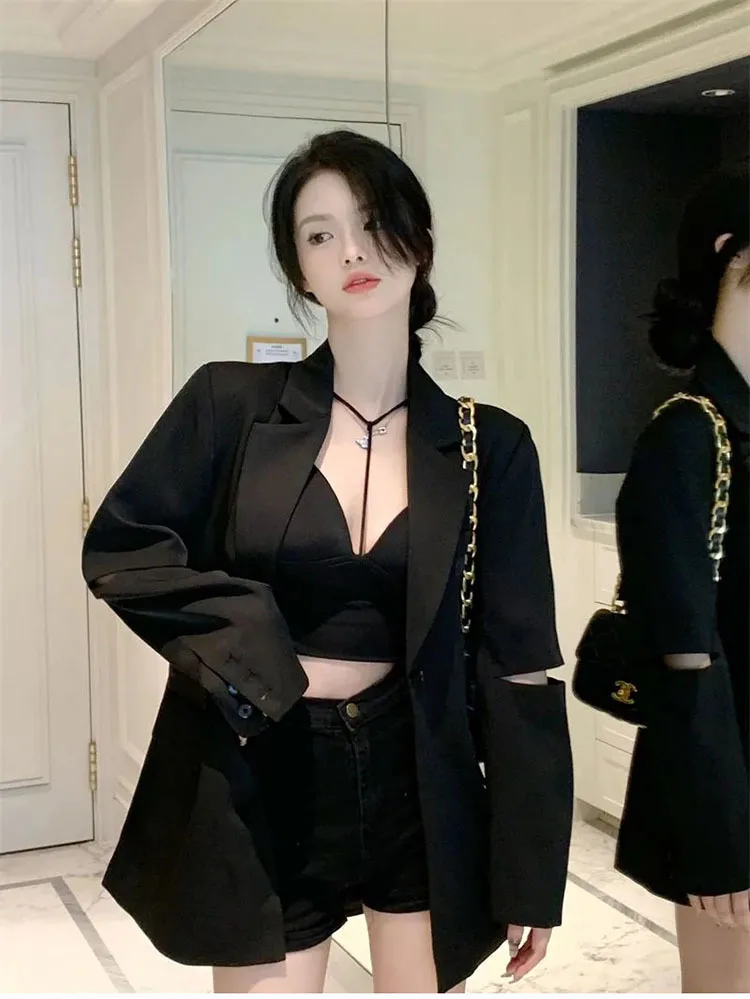 Autumn 2023 Fashion Women's Blazer New Back Hollow out Chain One Button Black Long Sleeve Suit Jackets Female Casual Blazers