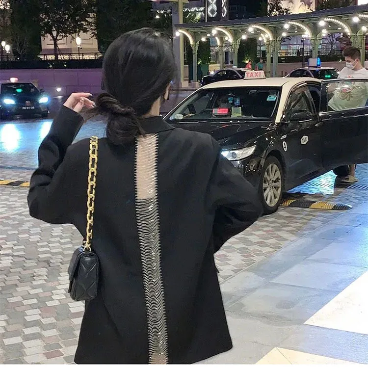 Autumn 2023 Fashion Women's Blazer New Back Hollow out Chain One Button Black Long Sleeve Suit Jackets Female Casual Blazers