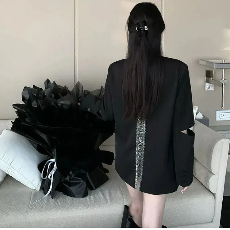Autumn 2023 Fashion Women's Blazer New Back Hollow out Chain One Button Black Long Sleeve Suit Jackets Female Casual Blazers