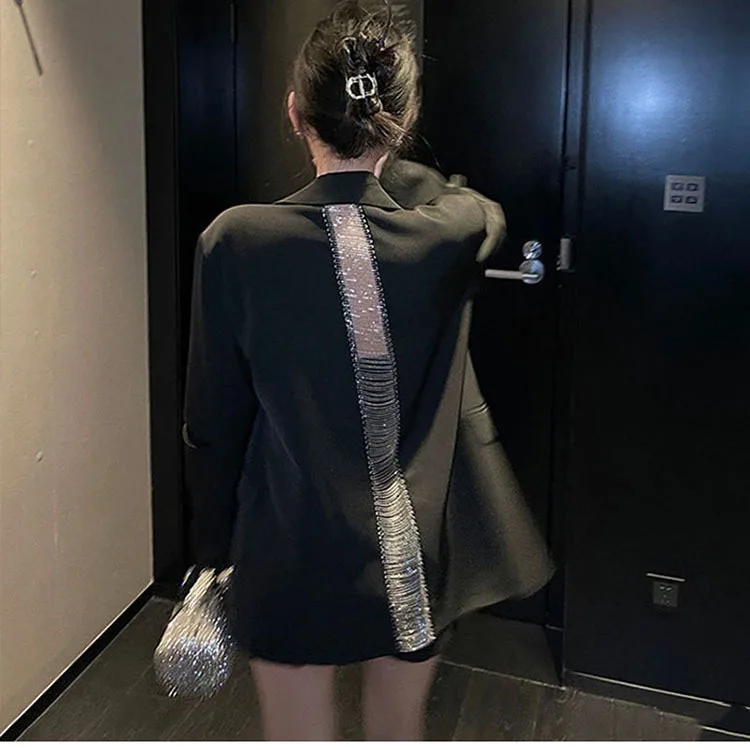Autumn 2023 Fashion Women's Blazer New Back Hollow out Chain One Button Black Long Sleeve Suit Jackets Female Casual Blazers