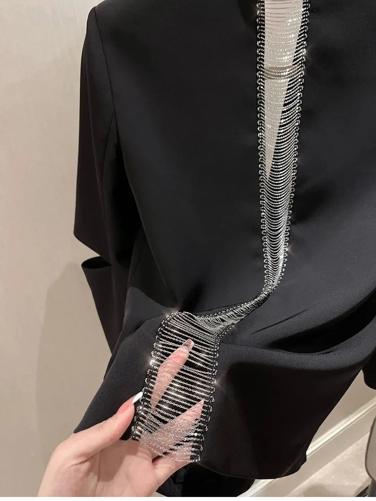 Autumn 2023 Fashion Women's Blazer New Back Hollow out Chain One Button Black Long Sleeve Suit Jackets Female Casual Blazers