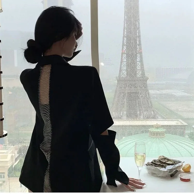 Autumn 2023 Fashion Women's Blazer New Back Hollow out Chain One Button Black Long Sleeve Suit Jackets Female Casual Blazers