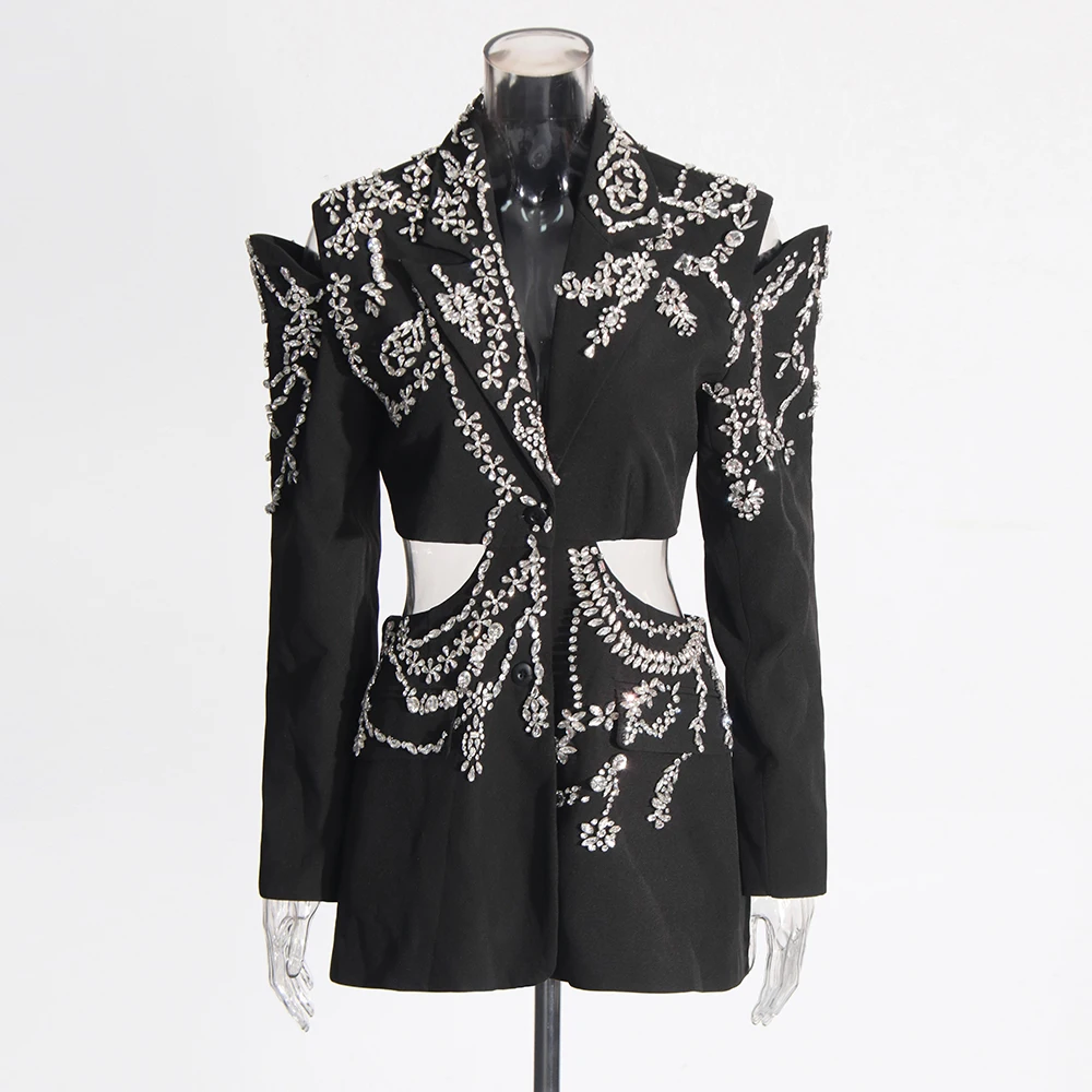 TWOTWINSTYLE Hollow Out Patchwork Diamonds Blazers For Women Notched Collar Long Sleeve Spliced Button Temperament Blazer Female