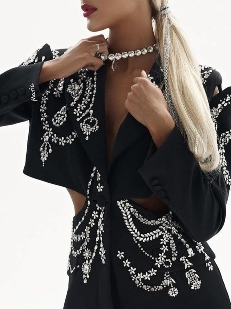 TWOTWINSTYLE Hollow Out Patchwork Diamonds Blazers For Women Notched Collar Long Sleeve Spliced Button Temperament Blazer Female