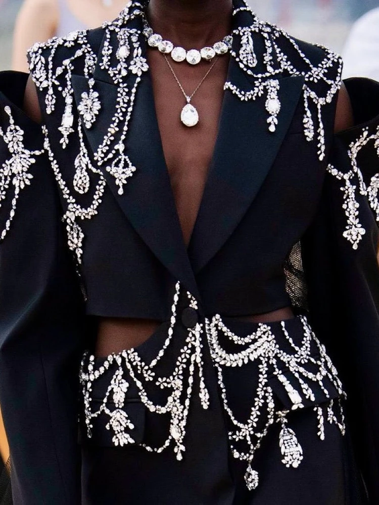 TWOTWINSTYLE Hollow Out Patchwork Diamonds Blazers For Women Notched Collar Long Sleeve Spliced Button Temperament Blazer Female