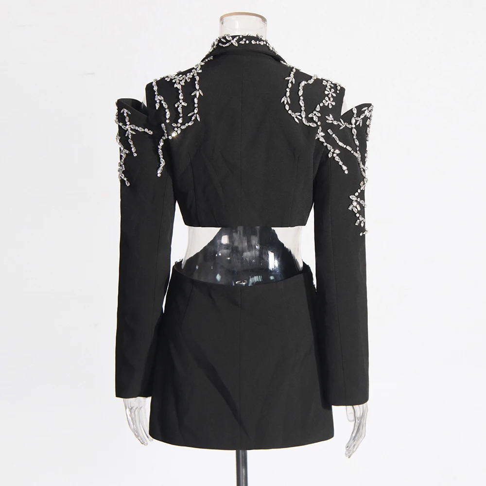 TWOTWINSTYLE Hollow Out Patchwork Diamonds Blazers For Women Notched Collar Long Sleeve Spliced Button Temperament Blazer Female