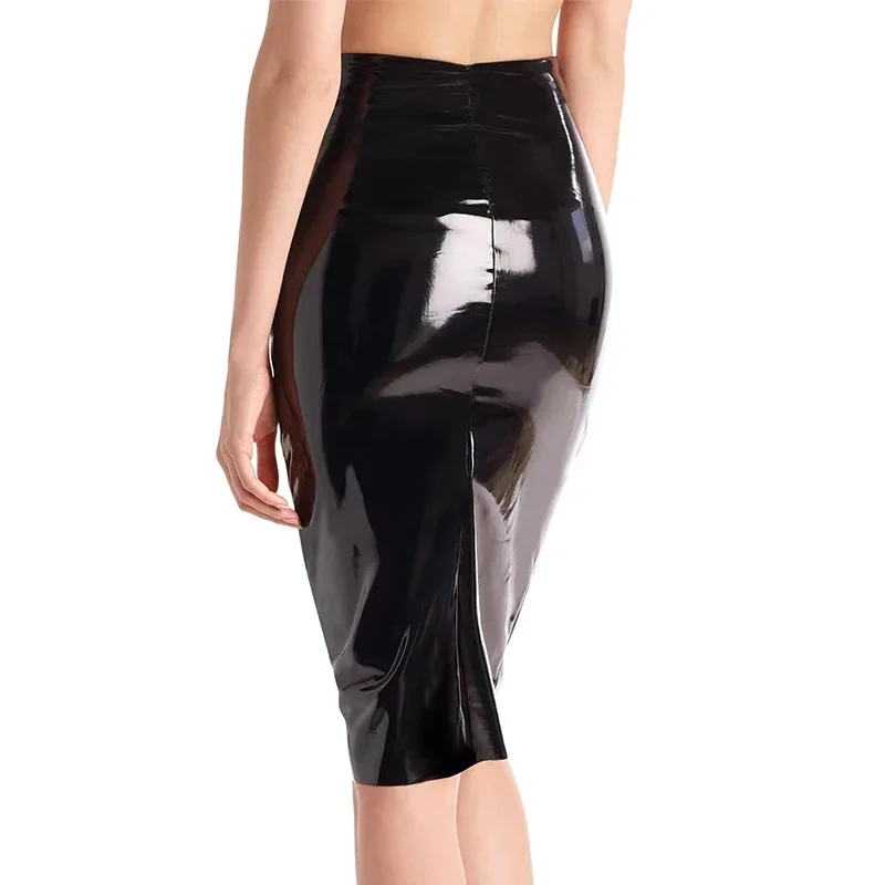 Stretch Slim Faux Latex Skirt Women High Waist Sexy Bodycon Shiny Patent Leather Pencil Skirt Hem Back Split Clubwear Custom New