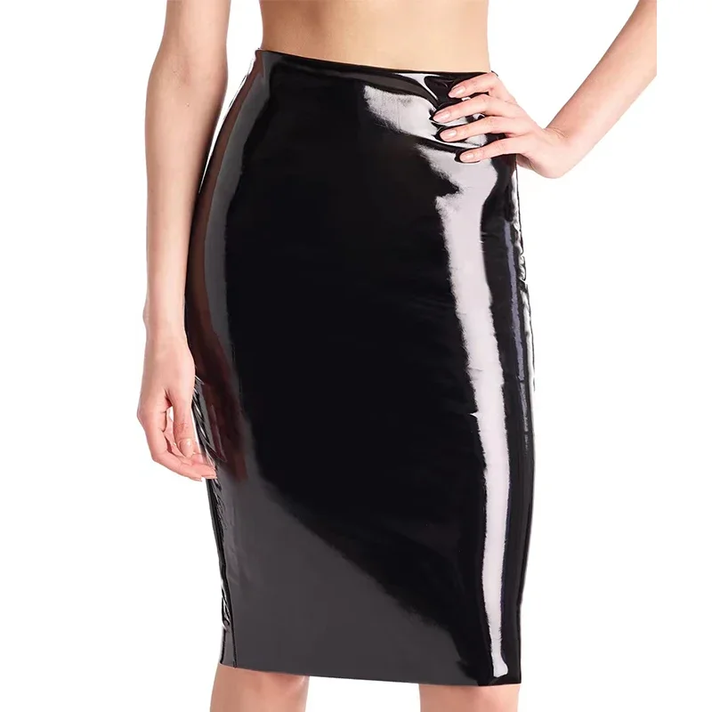 Stretch Slim Faux Latex Skirt Women High Waist Sexy Bodycon Shiny Patent Leather Pencil Skirt Hem Back Split Clubwear Custom New