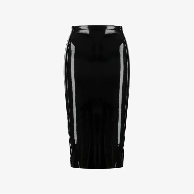 Stretch Slim Faux Latex Skirt Women High Waist Sexy Bodycon Shiny Patent Leather Pencil Skirt Hem Back Split Clubwear Custom New