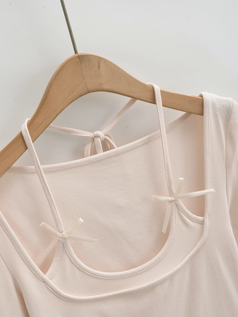 Sexy long sleeve top white korean fashion halter top cropped fake 2 pieces Fall outfits women t shirts crop top pink bow tie