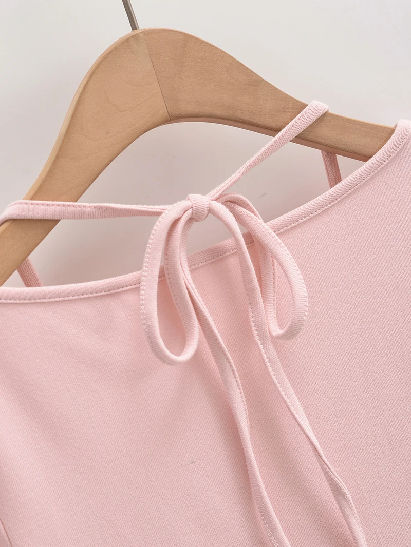 Sexy long sleeve top white korean fashion halter top cropped fake 2 pieces Fall outfits women t shirts crop top pink bow tie