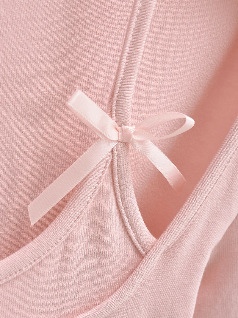 Sexy long sleeve top white korean fashion halter top cropped fake 2 pieces Fall outfits women t shirts crop top pink bow tie