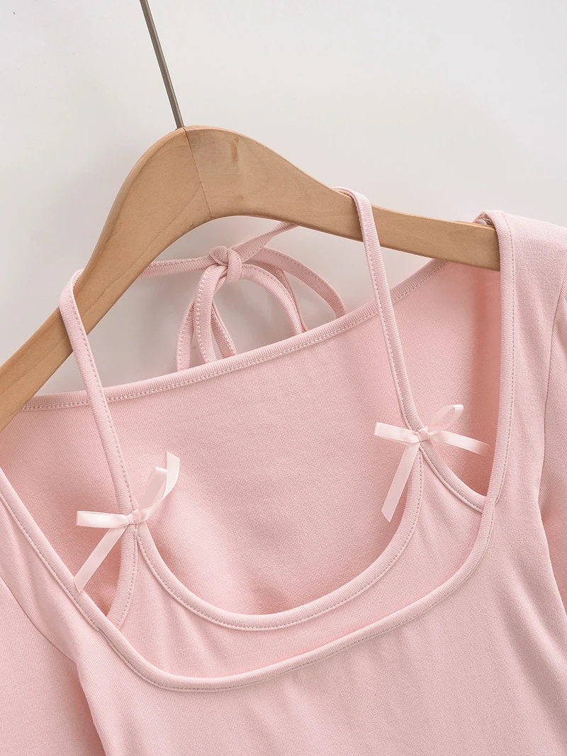 Sexy long sleeve top white korean fashion halter top cropped fake 2 pieces Fall outfits women t shirts crop top pink bow tie