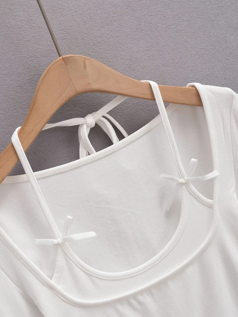 Sexy long sleeve top white korean fashion halter top cropped fake 2 pieces Fall outfits women t shirts crop top pink bow tie