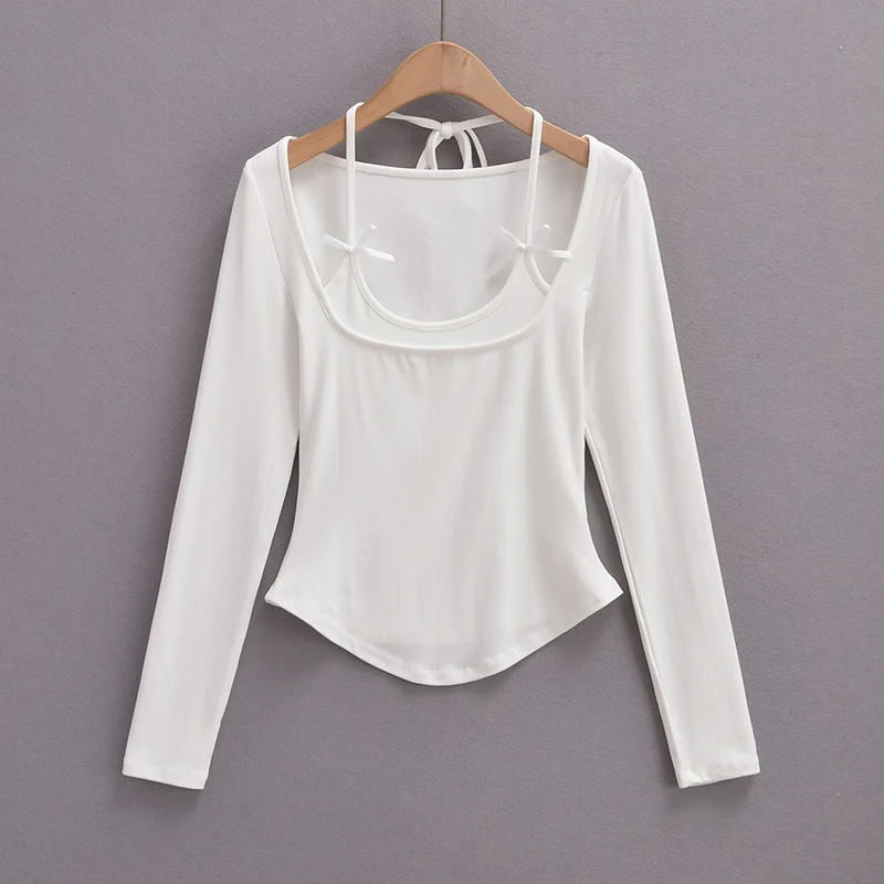 Sexy long sleeve top white korean fashion halter top cropped fake 2 pieces Fall outfits women t shirts crop top pink bow tie