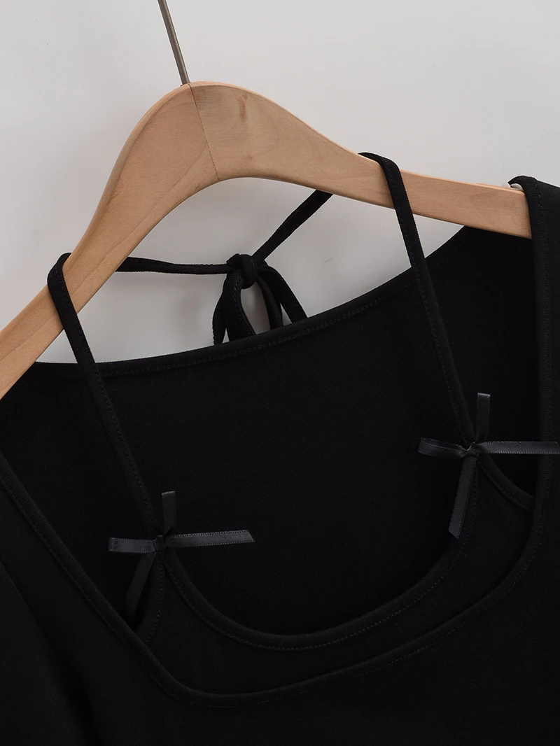 Sexy long sleeve top white korean fashion halter top cropped fake 2 pieces Fall outfits women t shirts crop top pink bow tie