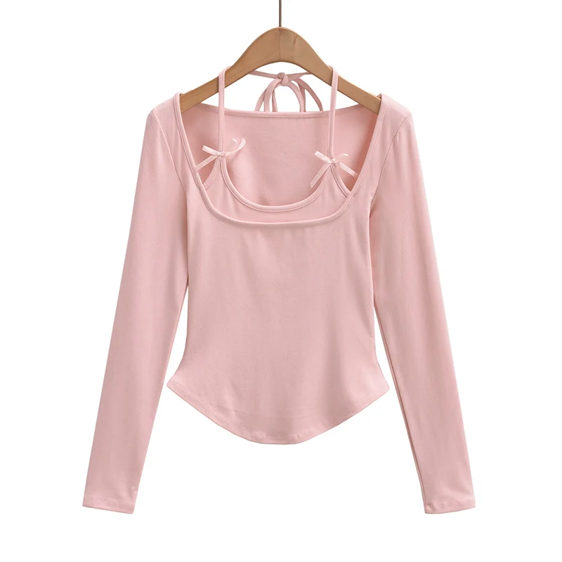 Sexy long sleeve top white korean fashion halter top cropped fake 2 pieces Fall outfits women t shirts crop top pink bow tie