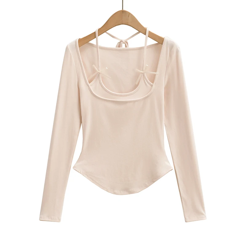 Sexy long sleeve top white korean fashion halter top cropped fake 2 pieces Fall outfits women t shirts crop top pink bow tie