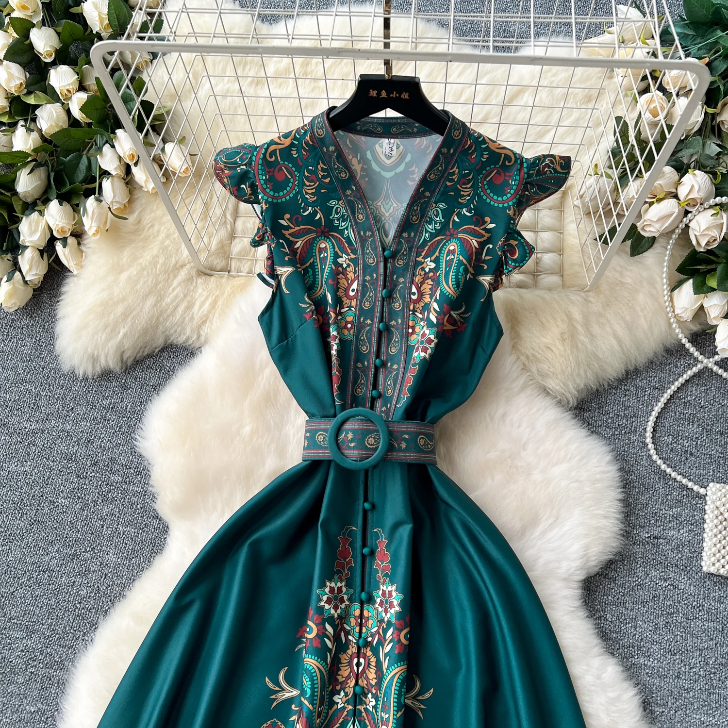 2024 Summer Women Clothing Runway Fashion Paisley Print Flying Sleeve V-Neck Single Breasted Belted Vintage Party Long Vestidos