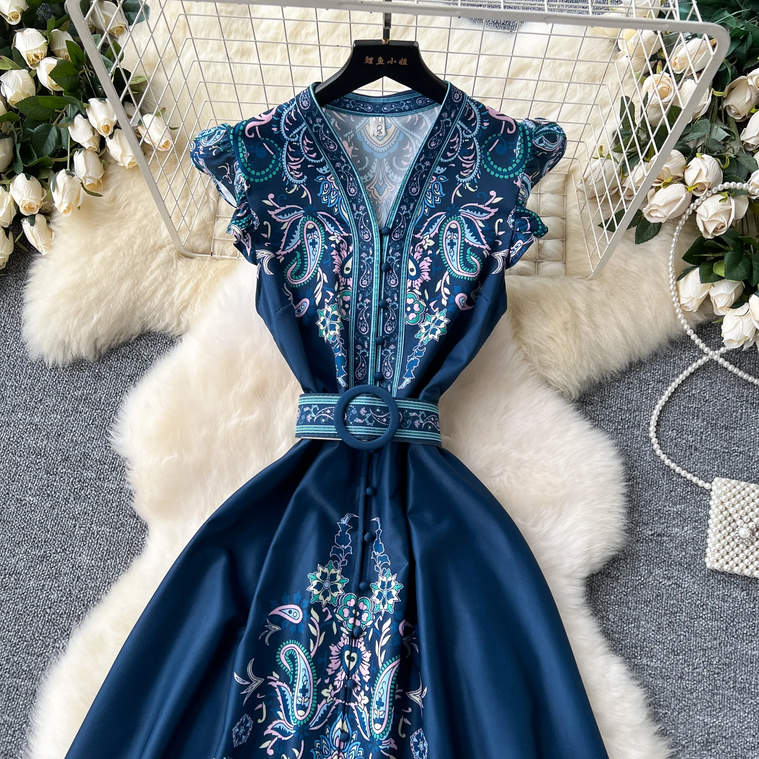2024 Summer Women Clothing Runway Fashion Paisley Print Flying Sleeve V-Neck Single Breasted Belted Vintage Party Long Vestidos