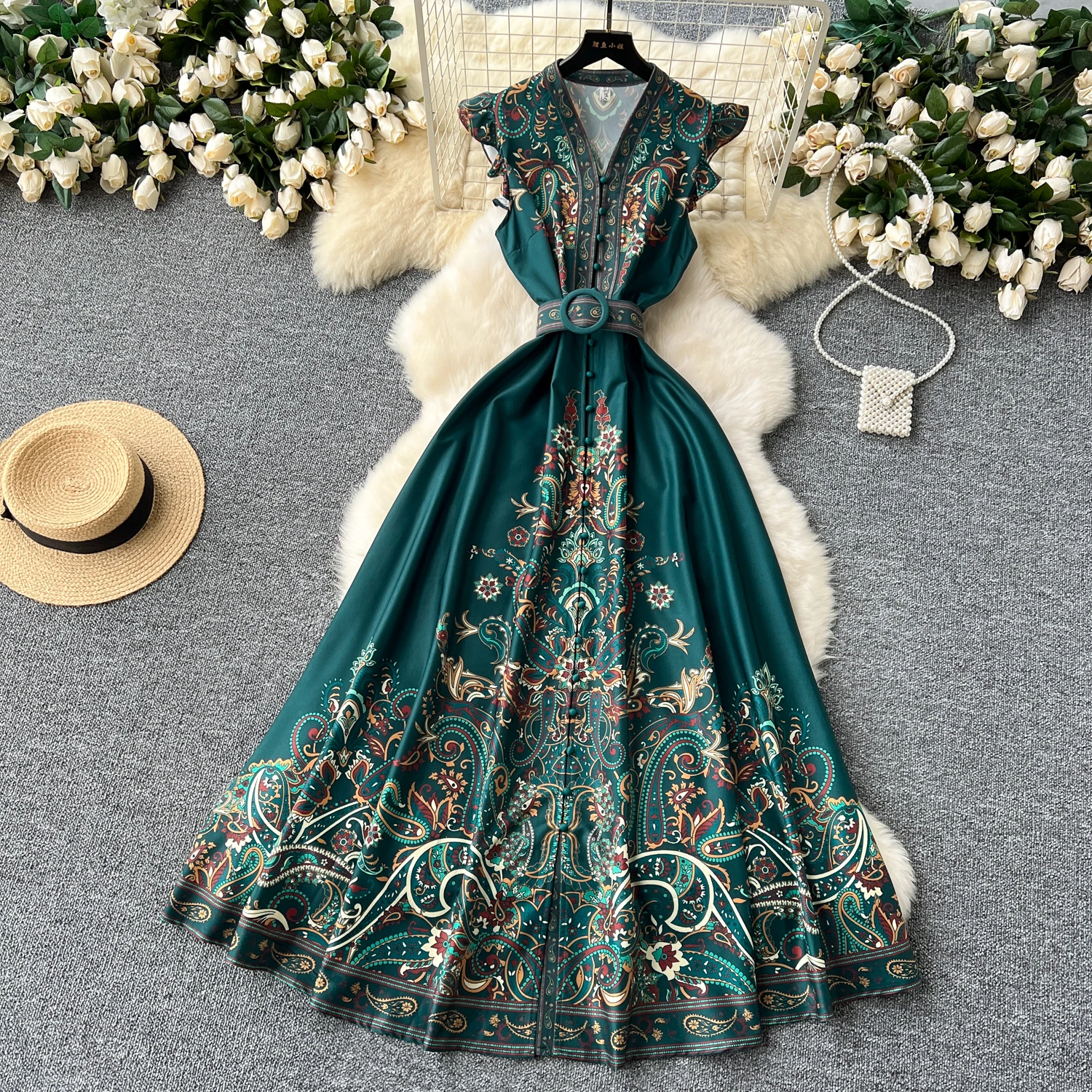 2024 Summer Women Clothing Runway Fashion Paisley Print Flying Sleeve V-Neck Single Breasted Belted Vintage Party Long Vestidos