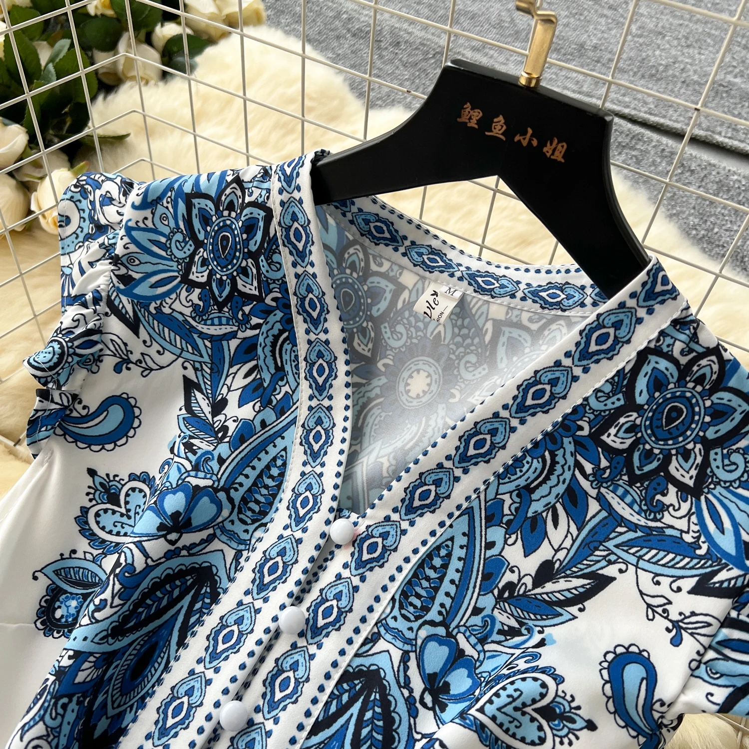 2024 Summer Women Clothing Runway Fashion Paisley Print Flying Sleeve V-Neck Single Breasted Belted Vintage Party Long Vestidos