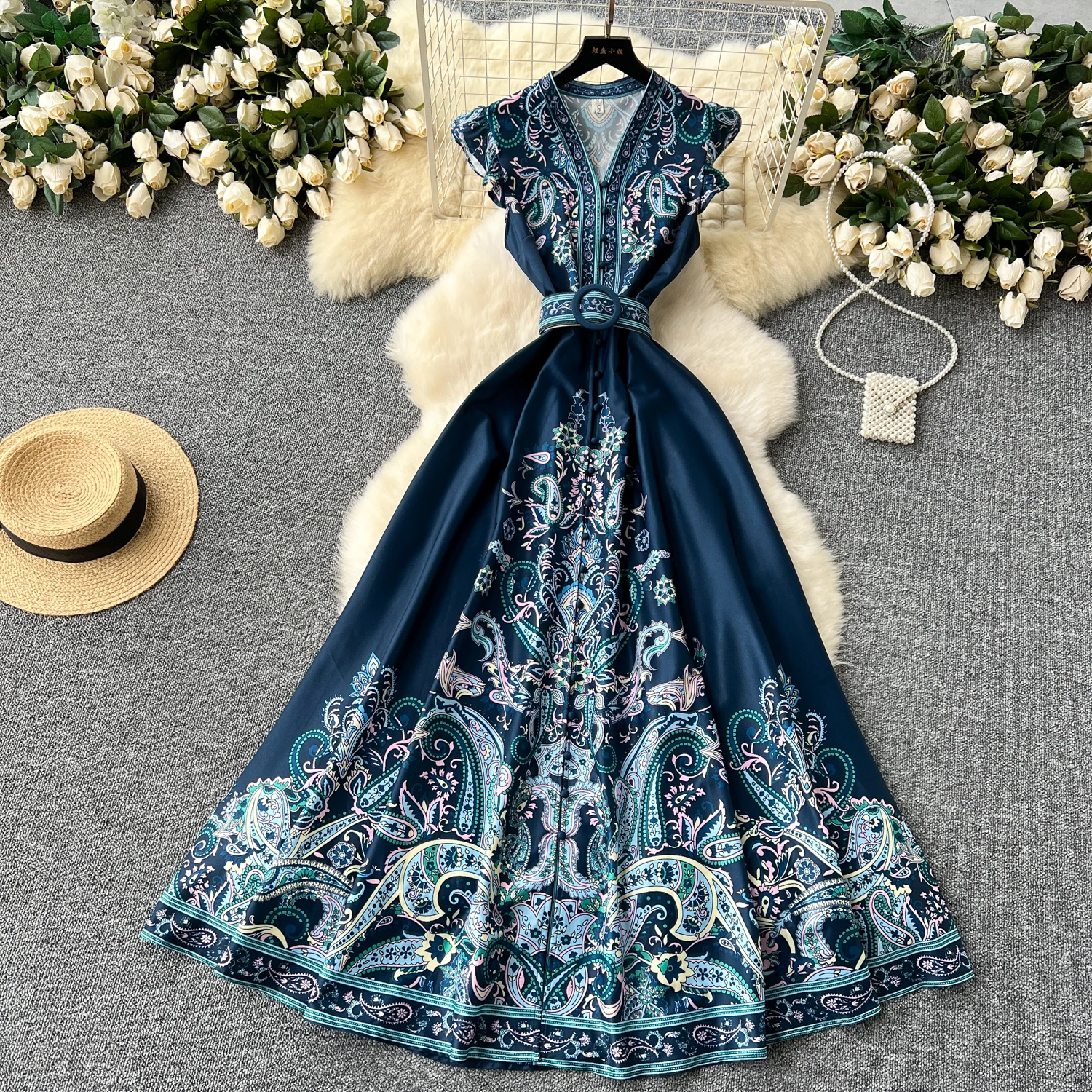 2024 Summer Women Clothing Runway Fashion Paisley Print Flying Sleeve V-Neck Single Breasted Belted Vintage Party Long Vestidos
