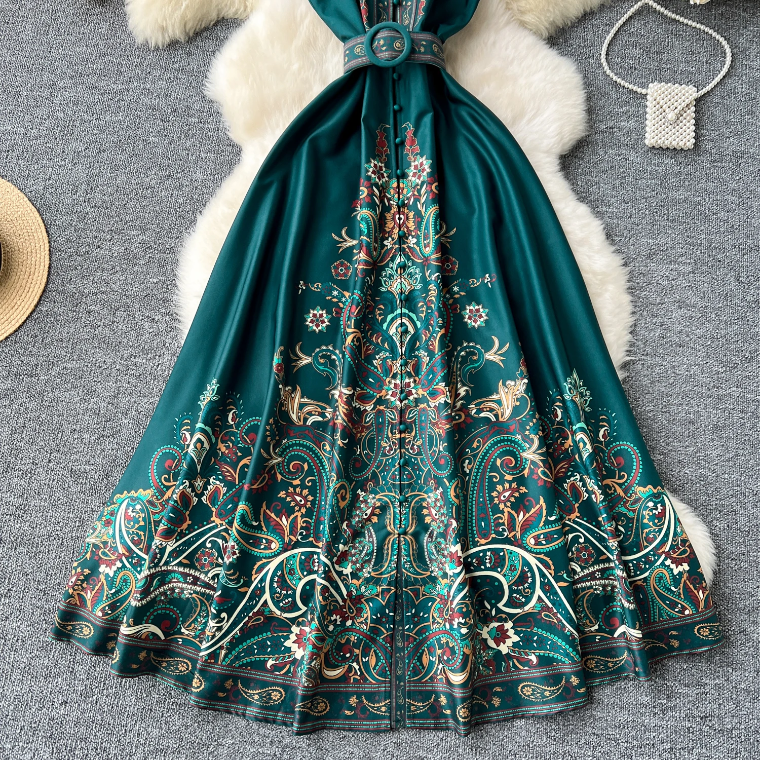 2024 Summer Women Clothing Runway Fashion Paisley Print Flying Sleeve V-Neck Single Breasted Belted Vintage Party Long Vestidos
